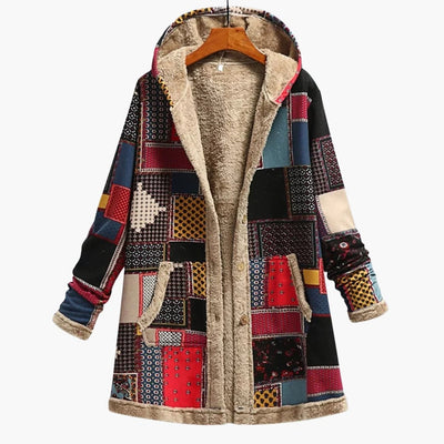 Damen Kapuzenjacke mit Knöpfen und Patchwork-Oberfläche