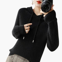 Damen Kapuzenpullover Strick mit Kapuze und langen Ärmeln in Schwarz