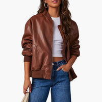 Damen Oversize Bomberjacke mit Reißverschluss und Rippdetails in Braun
