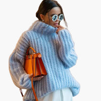 Damen Oversize Strickpullover mit Rollkragen in Blau