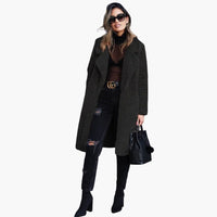 Damen Teddyfell Mantel Lang mit weitem Kragen und strukturierter Oberfläche in Schwarz