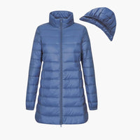 Damen Winter Daunenjacke mit Kapuze und langem Schnitt in Blau