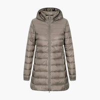 Damen Winter Daunenjacke mit Kapuze und langem Schnitt in Khaki