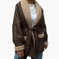 Damen Winterjacke mit Gürtel und Fronttaschen in Braun