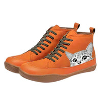 Damen Ankle Boots mit Katzenmotiv und Orthopädischer Arch Support Schnürung in Orange