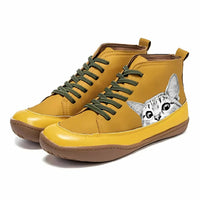 Damen Ankle Boots mit Katzenmotiv und Orthopädischer Arch Support Schnürung in Gelb