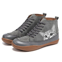 Damen Ankle Boots mit Katzenmotiv und Orthopädischer Arch Support Schnürung in Grau