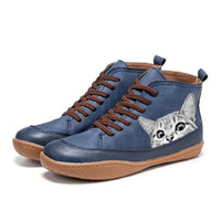 Damen Ankle Boots mit Katzenmotiv und Orthopädischer Arch Support Schnürung in Blau