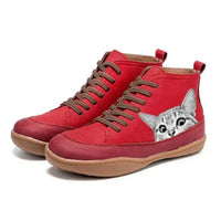Damen Ankle Boots mit Katzenmotiv und Orthopädischer Arch Support Schnürung in Rot