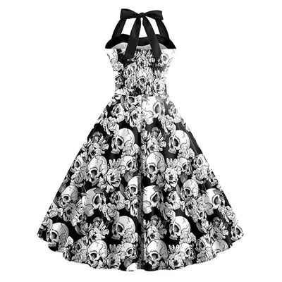 Damen Halloween Kleid | Rockabilly Kleid mit Totenkopf Print und Neckholder
