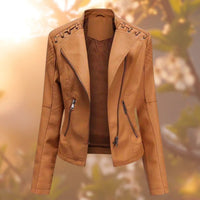 Damen Bikerjacke Kunstleder Tailliert mit Schulterdetail und Reißverschluss in Orange