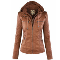 Damen Bikerjacke Kunstleder mit Abnehmbarer Kapuze und Thermofutter für Herbst und Winter in Braun
