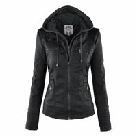 Damen Bikerjacke Kunstleder mit Abnehmbarer Kapuze und Thermofutter für Herbst und Winter in Schwarz