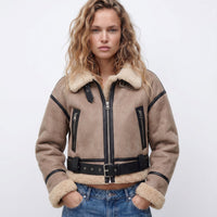 Damen Bomberjacke Doppelseitig Warm Elegant Winterjacke in Khaki