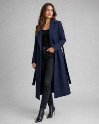 Damen Eleganter Trenchcoat mit Gürtel Lang Schnitt Wintermantel Stilvoll in Marine