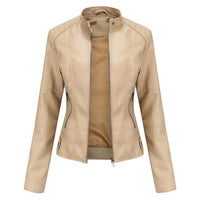 Damen Kurze Taillierte Bikerjacke mit Reißverschluss und Stehkragen in Beige