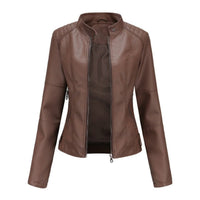 Damen Kurze Taillierte Bikerjacke mit Reißverschluss und Stehkragen in Braun