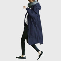 Damen Langer Wasserabweisender Kapuzen-Trenchcoat Weite Passform Eleganter Wetterschutz in Blau