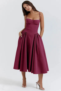 Damen A-Linie Midi Hochzeitsgast Kleid in Burgund