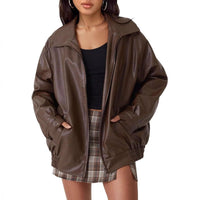 Damen Oversized Bomberjacke Kunstleder mit Reißverschluss und elastischem Saum in Aprikose