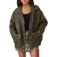 Damen Oversized Bomberjacke Kunstleder mit Reißverschluss und elastischem Saum in Olivgrün