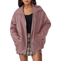 Damen Oversized Bomberjacke Kunstleder mit Reißverschluss und elastischem Saum in Einheitsfarbe