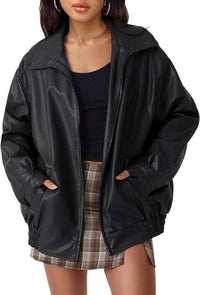 Damen Oversized Bomberjacke Kunstleder mit Reißverschluss und elastischem Saum in Schwarz
