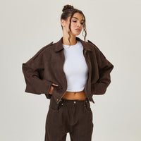 Damen Oversized Kurzgeschnittene Bomberjacke mit Vintage-Look und weichem Kunstwildleder in Braun