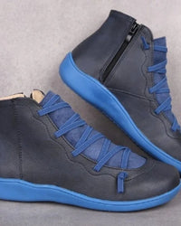 Damen Stiefeletten mit Schnürung und seitlichem Reißverschluss – Knöchelhoch, flache Sohle, vielseitig kombinierbar in Blau