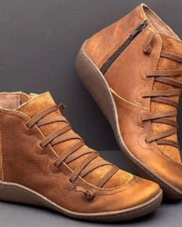 Damen Stiefeletten mit Schnürung und seitlichem Reißverschluss – Knöchelhoch, flache Sohle, vielseitig kombinierbar in Braun