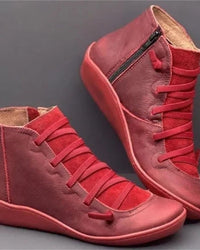 Damen Stiefeletten mit Schnürung und seitlichem Reißverschluss – Knöchelhoch, flache Sohle, vielseitig kombinierbar in Rot