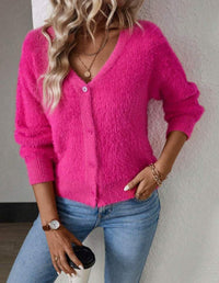 Damen Strickjacke Cardigan mit V-Ausschnitt und Knopfleiste Flauschig Komfortabel in Magenta