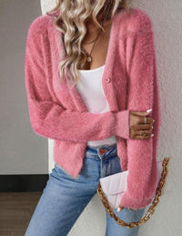 Damen Strickjacke Cardigan mit V-Ausschnitt und Knopfleiste Flauschig Komfortabel in Rosa