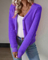 Damen Strickjacke Cardigan mit V-Ausschnitt und Knopfleiste Flauschig Komfortabel in Flieder