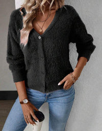 Damen Strickjacke Cardigan mit V-Ausschnitt und Knopfleiste Flauschig Komfortabel in Schwarz