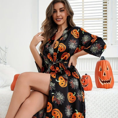 Damen Halloween-Bademantel mit Kürbisprint | Taillengürtel & 3/4-Ärmel