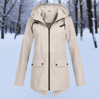 Damen Wasserdichte Regenjacke mit Kapuze und Reißverschluss, Outdoorjacke mit Taschen in Aprikose