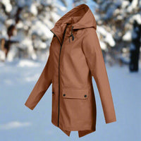 Damen Wasserdichte Regenjacke mit Kapuze und Reißverschluss, Outdoorjacke mit Taschen in Kaffee