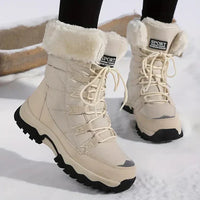 Damen Winter-Schnürstiefel mit Fellkragen und Anti-Rutsch-Sohle in Beige