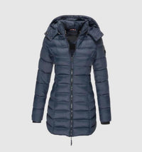 Damen Winterjacke Lang Steppmantel mit Kapuze Tailliert Warm und Stylisch in Blau