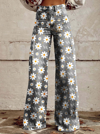 Nova | Damen Jeans mit Weitem Bein | Hohe Taille in Weiß Blume