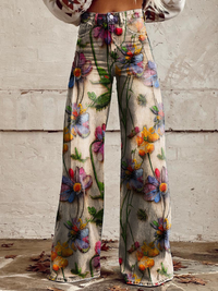 Nova | Damen Jeans mit Weitem Bein | Hohe Taille in Blumen