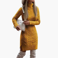 Damen kleid mit Rollkragen und Zopfmuster in Gelb
