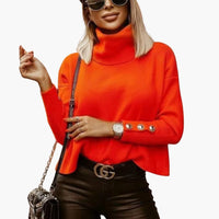 Damen pullover mit Rollkragen und Knopf-Ärmeln in Orange / Rot