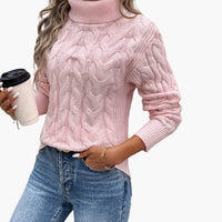 Damenpullover mit Rollkragen und Zopfmuster in Rosa