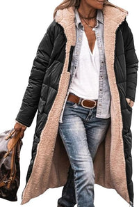 Hazel - Beidseitig verwendbare lange Sherpa-Fleece-Pufferjacken mit Kapuze in Schwarz