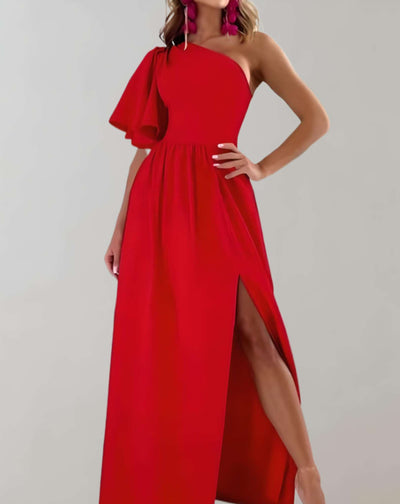 Dorthy - Langes Kleid mit einer Schulter weiten halblangen Ärmeln und hohem Schlitz Kleid