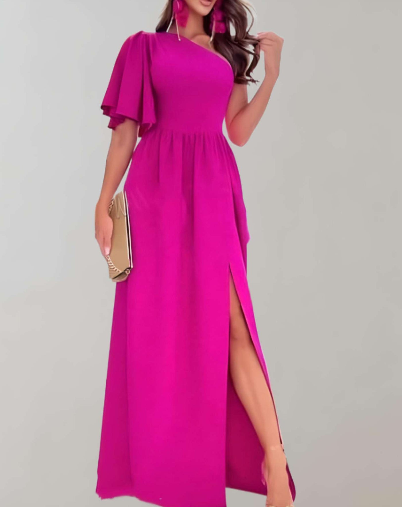 Dorthy - Langes Kleid mit einer Schulter weiten halblangen Ärmeln und hohem Schlitz Kleid