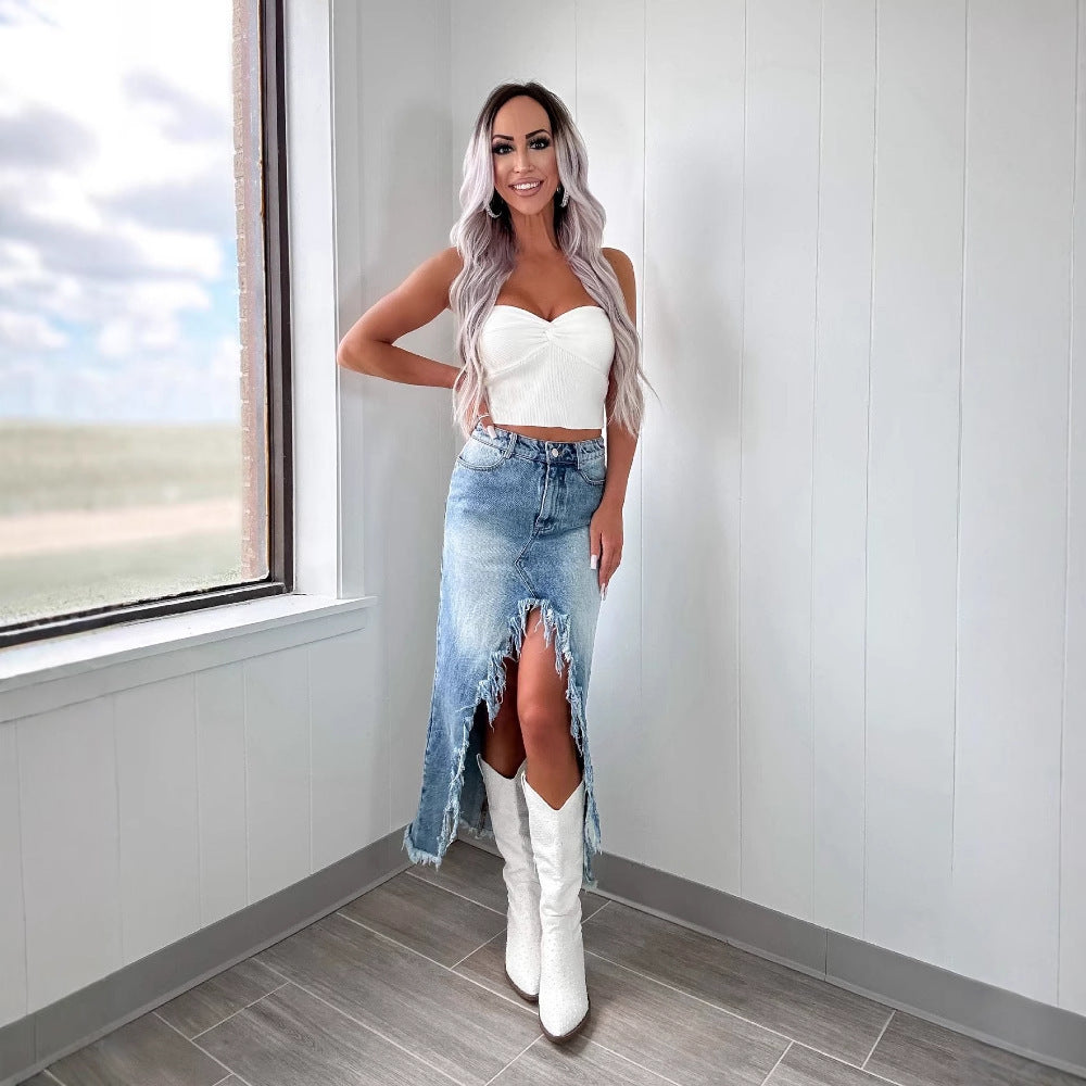 Dunja – Jeansrock Damen Asymmetrisch Hochtailliert Mit Saum