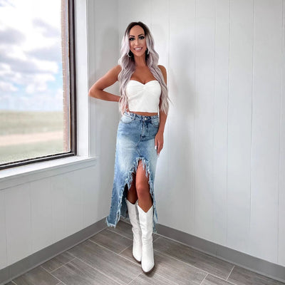 Dunja – Jeansrock Damen Asymmetrisch Hochtailliert Mit Saum